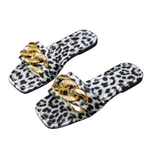 Women Square Toe Leopard Slippers with Metal Chain