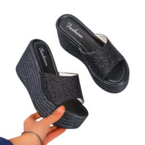 Women PU Leather Wedge Slide Glitter Sandals