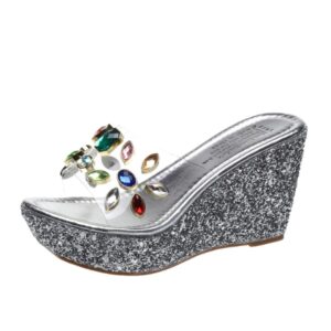 Women Transparent Wedge Sandals with Crystals and Glitter