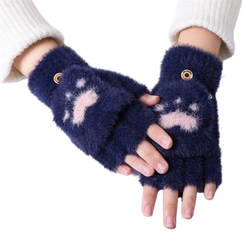 Unisex Fluffy Half Finger Cat Paws Gloves