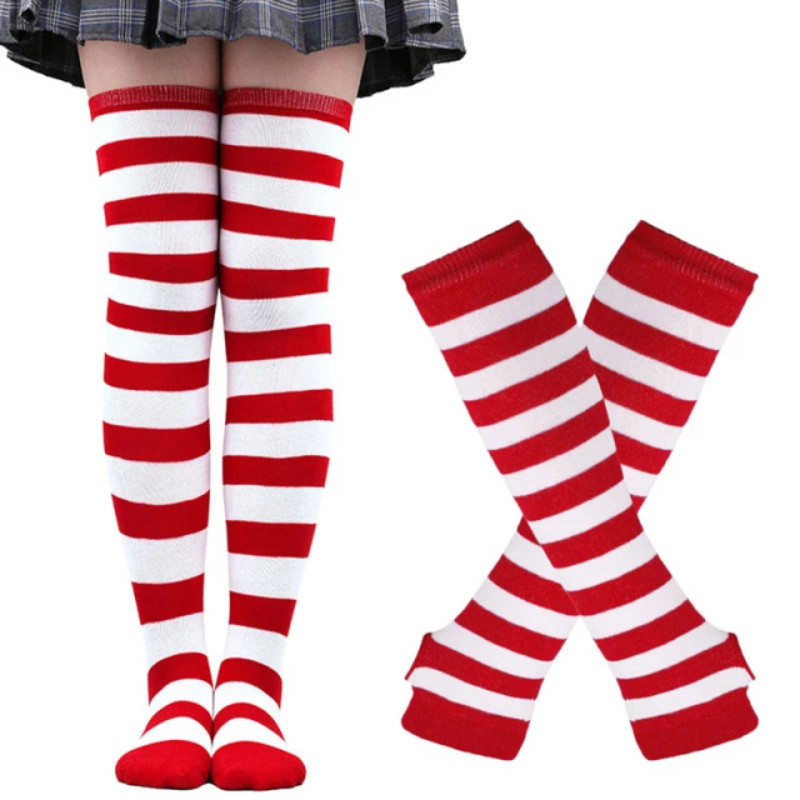 over knee socks and arm sleeves white with red stripes