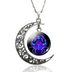 Crescent Moon Zodiac Signs Glass Necklace Pendant