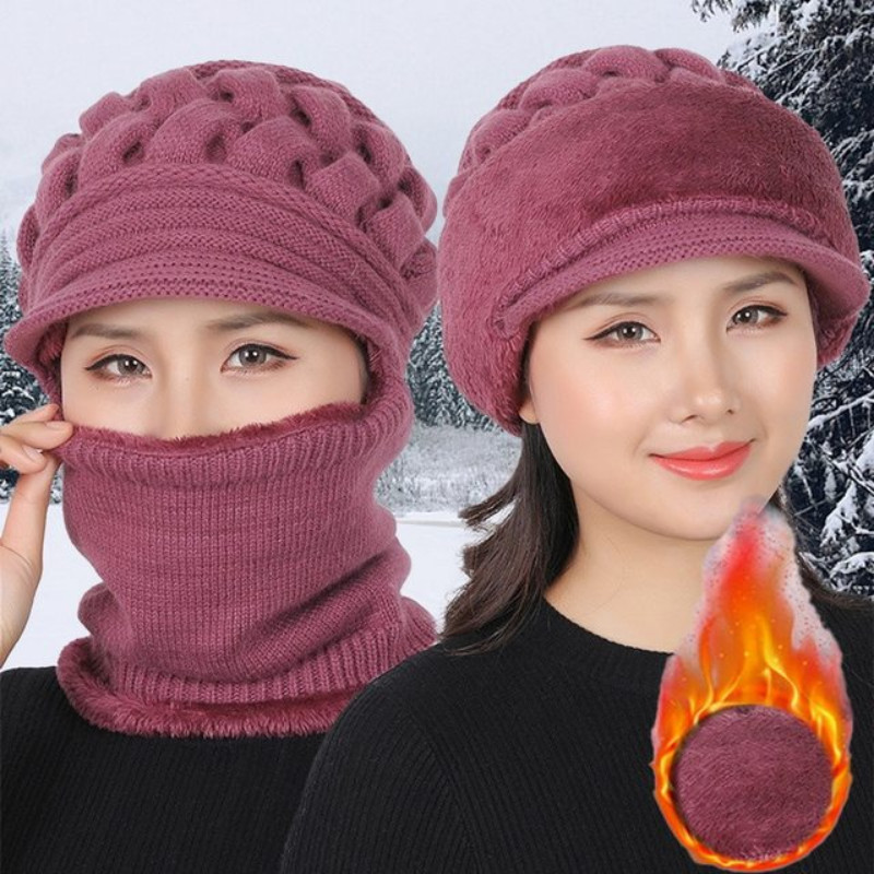 Women Winter Thick Wool Knitted Hat Scarf