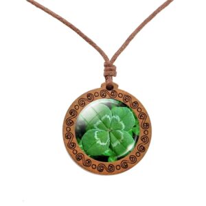 Lucky Shamrock Wooden Clover Pendant Necklace