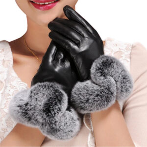 Women Pu Leather Winter Gloves with Faux Rabbit Fur