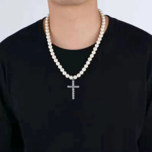 Men Vintage Pearl Cross Necklace