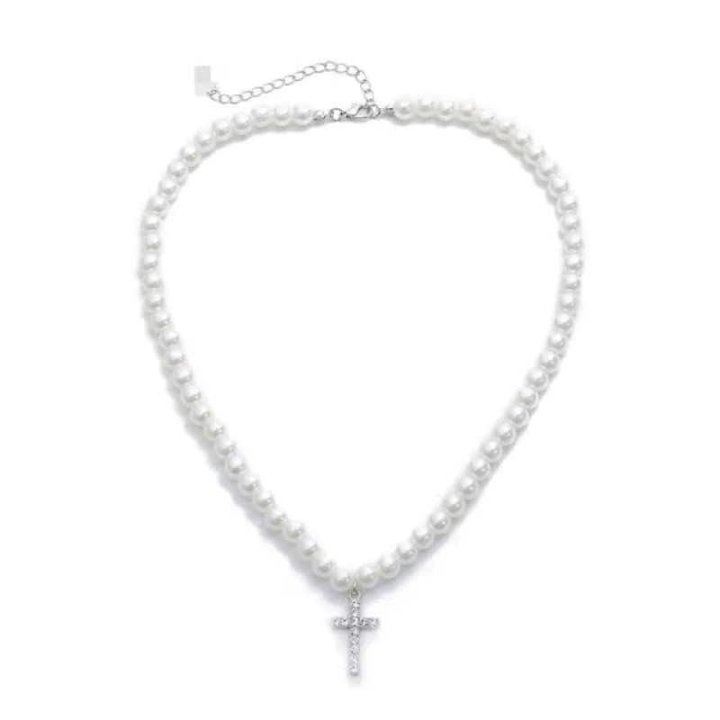 pearl cross necklace silver