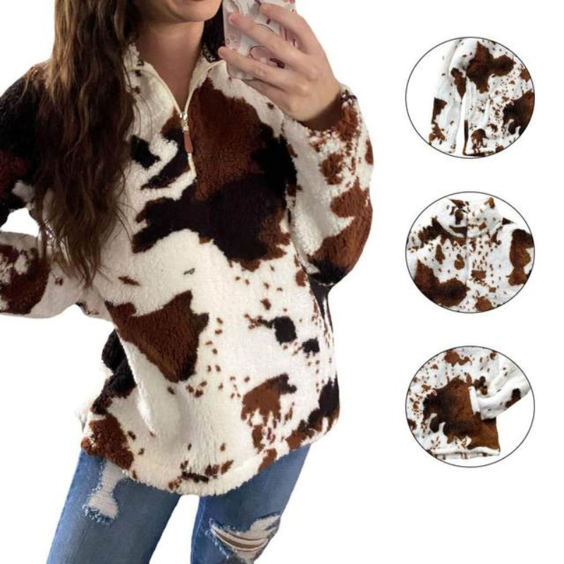 Women Cow Pattern Thermal Fluffy Sweatshirt