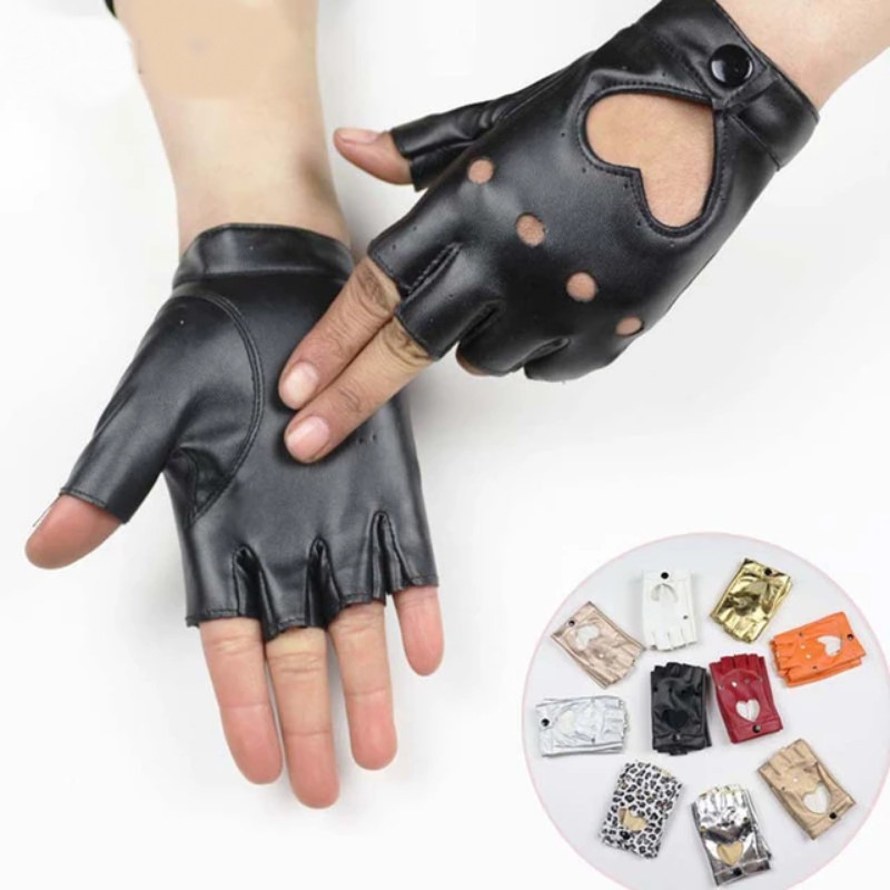 Women Fingerless Leather Gloves with Hollow Out Heart
