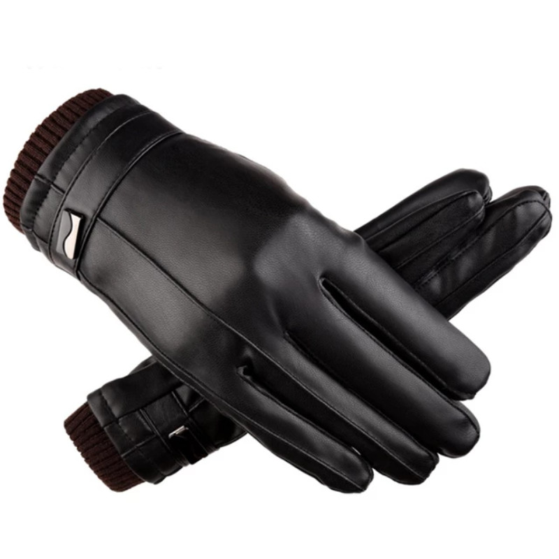 Men Winter Cashmere Pu Leather Driving Gloves