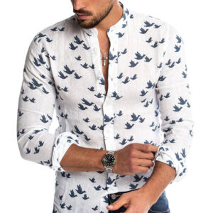 Men’s Linen Stand Collar Shirt with Birds