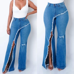 Women Elastic Ripped Flared Jeans