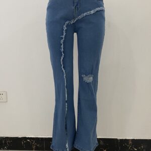 Women Elastic Ripped Flared Jeans