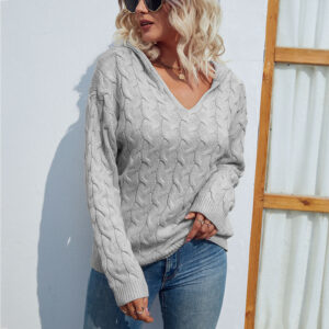 Cable Knit V Neck Hooded Sweater for Women