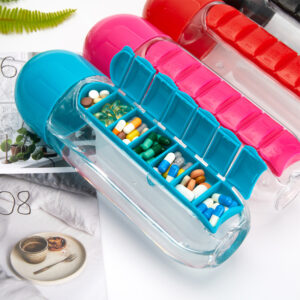 7-Day Plastic Travel Pill Organizer Water Bottle with Medicine Box