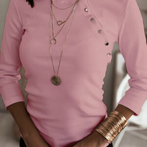 Solid Color All-Match Top for Women with Bevel Button and Round Neckline