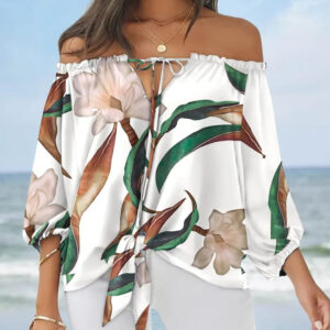 Printed Chiffon Off-Shoulder Top with Tie Detail – a Chic and Sexy Women’s Fashion Piece