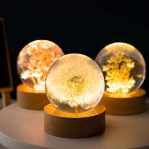 Preserved Flower Sphere Ball Night Light with Luminous 3D Dandelion and Beech Wood Stand Base