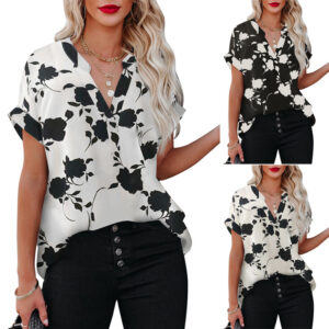 Women’s Short-sleeved Shirt with Floral Print Design