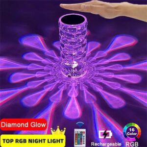 Rechargeable Crystal Diamond Table Lamp – Teardrop Shaped Bedside LED Night Light with 3 and 16 Color Touch Settings for Home Decor