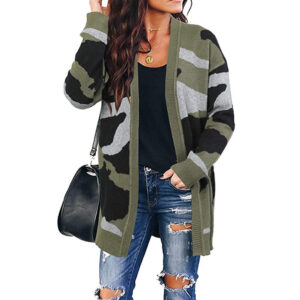 Camo Print Knitted Cardigan Sweater for Women in Mid-Length