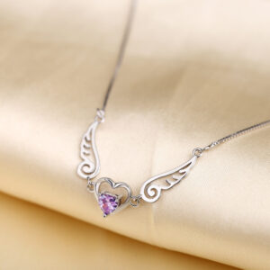 Pure Silver 925 Angel Wings Necklace with a Romantic Purple Crystal Heart