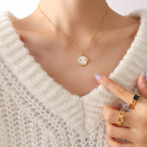 Elegant White Sea Moon Necklace with Small Peach Heart Pendant