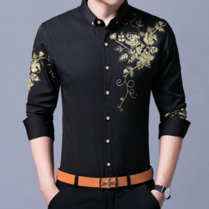 Rose Blossom Patterned Slim Fit Cotton Shirt for Men
