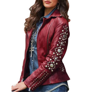 Sleek and Shiny Women’s Short Leather Jacket with Rhinestones