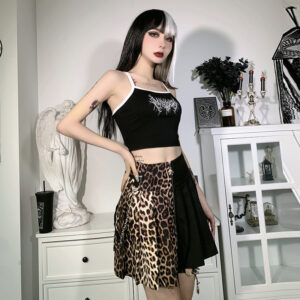 High-Waisted Pleated Leopard Mini Skirt for Gothic Women