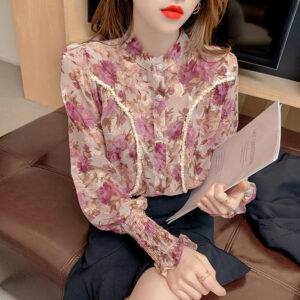 French-inspired Floral Chiffon Bubble Blouse for Women with Long Sleeves