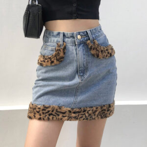 Hairy Leopard Print Color-Matching Hip Denim Skirt for Women