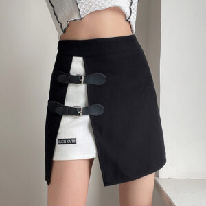 Women’s Leather Skirt Featuring Bucles and High Waistline