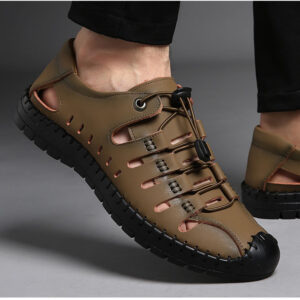 Men’s Leather Cowhide Sandals with Hollow Out Cut-Outs for Airflow