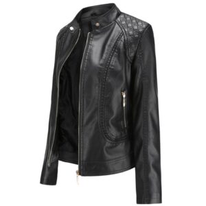 Faux Leather Jacket with Stand-Up Collar for Women