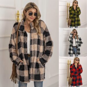 Women’s Cotton Plaid Long Jacket with Striking Contrast