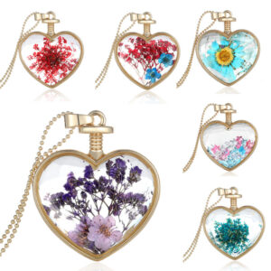Dried Flower Heart Shaped Pendant on Bead Chain Necklace with Multi-Color Design