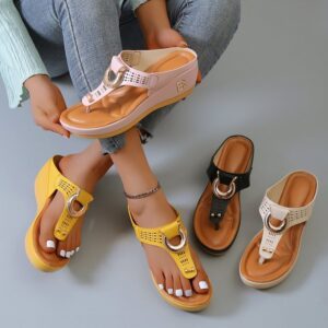 Women’s Wedge Thong Sandals with Stylish Metallic Embellishments