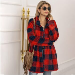 Women’s Cotton Plaid Long Jacket with Striking Contrast