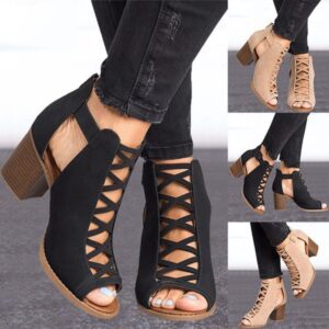 Women’s Thick Heeled Roman Sandals with Hollow Out Design