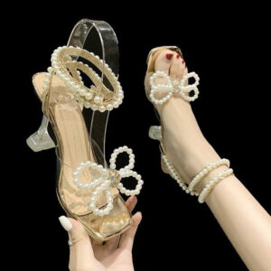 Women’s Square Toe Thin High Heel Pearl Bow Sandals