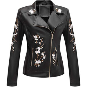 Floral Embroidered Faux Leather Jacket for Women