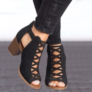 Women’s Thick Heeled Roman Sandals with Hollow Out Design