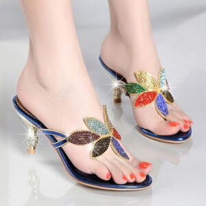 Elevate Your Style with Mid-Heeled Women Rhinestone Sandals in Herringbone Pattern