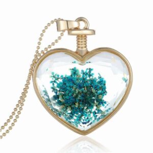 Dried Flower Heart Shaped Pendant on Bead Chain Necklace with Multi-Color Design