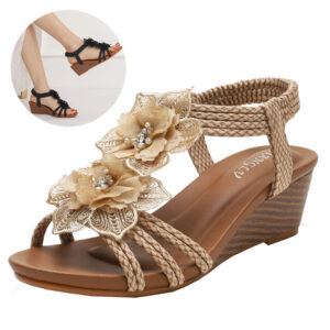 Stylish Bohemian Wedges with Woven Ankle Straps and Floral Design Sandals