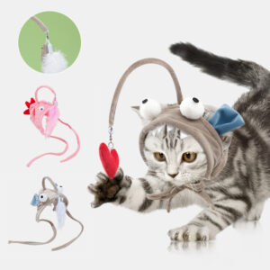 Feathered Cat Hat with Funny Cat Toy Stick