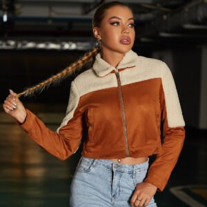 Women’s Short Suede Jacket with Lapel and Long Sleeves