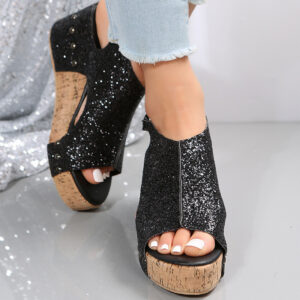 Glitzy Velcro Chunky Wedge Sandals for Women with Sequins