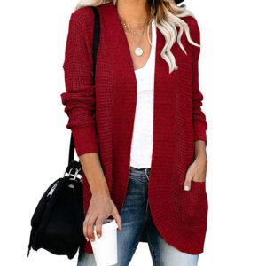Curved Placket Sweater Cardigan for Women with Large Pockets